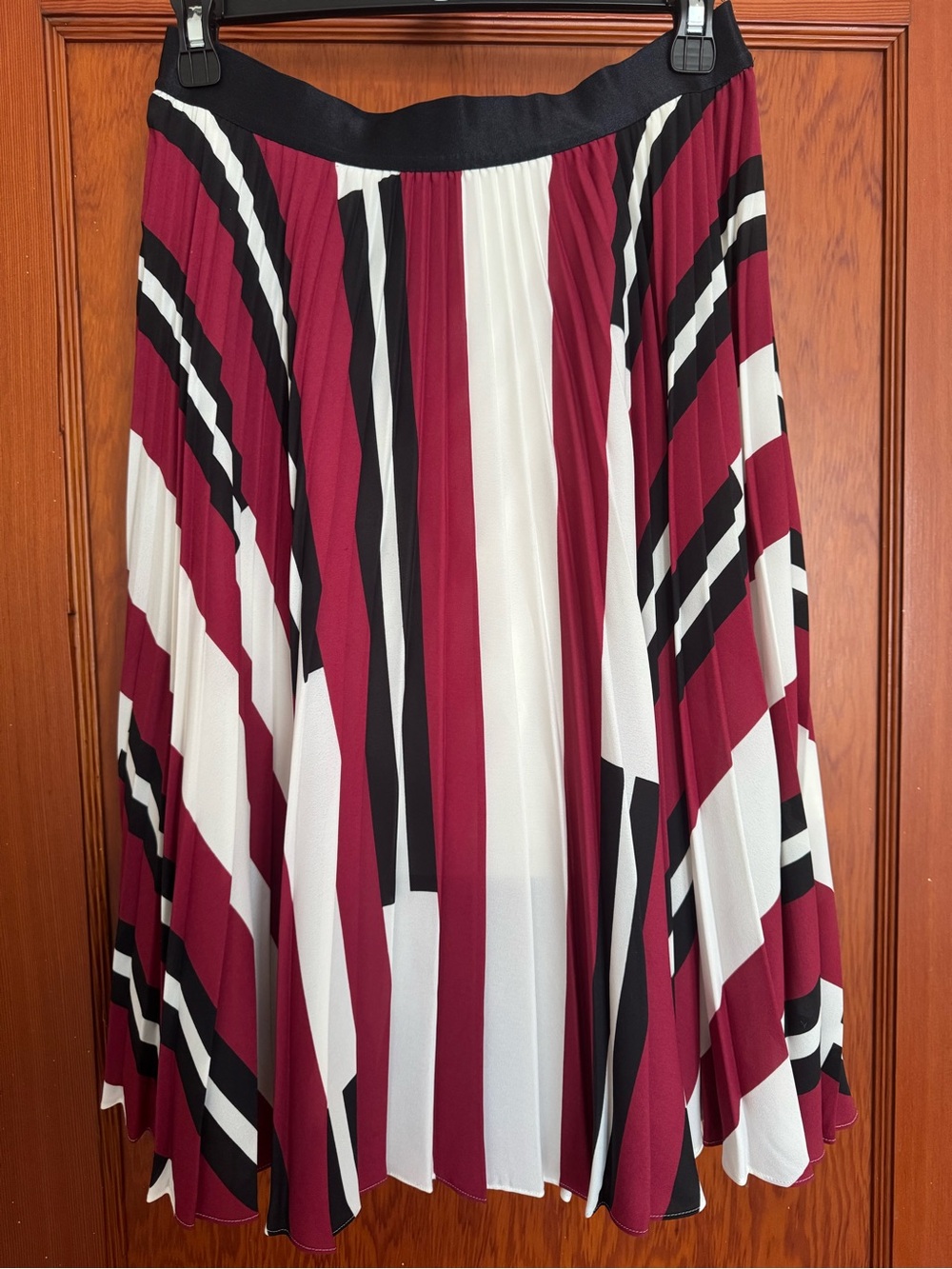 Express Pleated Stripe Midi Skirt in Burgundy, Black & White